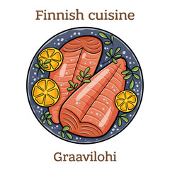 Graavilohi. Nordic dish consisting of raw salmon, cured in salt, sugar, and dill.  Finnish food. Vector image isolated.