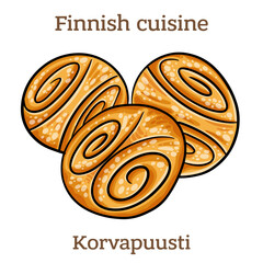 Korvapuusti. Sweet Finnish cardamom buns with brown sugar and cinnamon. Finnish food. Vector image isolated.
