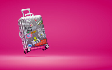 Travel bag vacation luggage with style stickers background concept. - 561915302