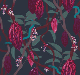 Cacao tree with cocoa beans, flowers and leaves on dark background. For textie, fabric, banner, pack. Hand drawn vector seamless pattern - 561915342