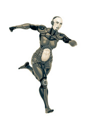 super cyborg girl is running mega fast with a ferocious face