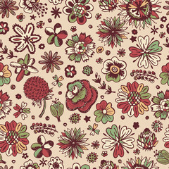 Wildflowers. Hand Drawn Doodles Flowers. Vector seamless floral pattern. Vintage floral background.