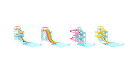 Blank colored waterslide with swimming pool mockup, different types