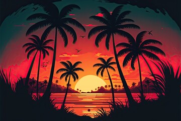 Fototapeta na wymiar Picturesque beach landscape with tropical palm trees at sunrise minimalist vector style