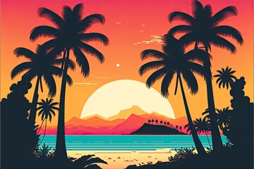 Fototapeta na wymiar Picturesque beach landscape with tropical palm trees at sunrise minimalist vector style