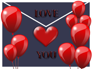 letter with declaration of love , love you. red heart, realistic luxury balloons, valentine's day greetings. valentine. vector eps