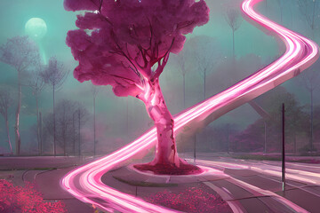 Sakura tree with pink light ray energy IA - obrazy, fototapety, plakaty