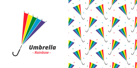 An umbrella in the colors of the rainbow opened from a strong wind. Sign or logo template. Seamless background with rainbow umbrellas for printing on paper for packaging, souvenirs