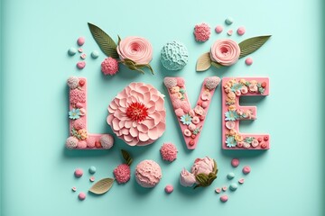 The word love decorated with pastel flowers and leavwes. Soft pastel blue background. Generative AI