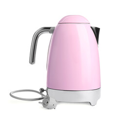 Modern pink electric kettle with base and plug isolated on white