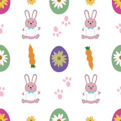 Bunny with colorful eggs daisy and bunny. Happy Easter seamless fabric design background