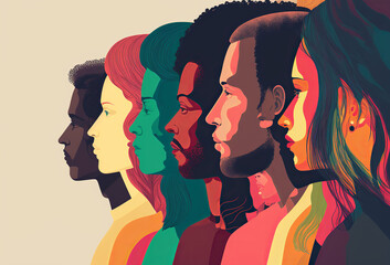 Side profile of a diverse group of people. Generative ai