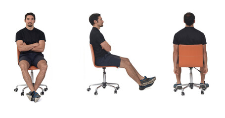 front, side and back view of the same man wearing sportswear on white background