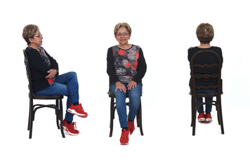 Obraz premium front, back and side view of senior woman sitting on chair
