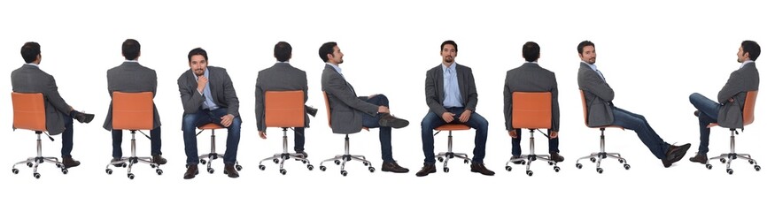line of same man with jeans and blazer various poses sitting on chair on white background