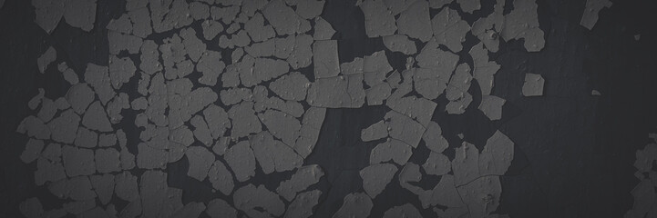 Dark wide panoramic background. Peeling paint on a concrete wall. Faded dark texture of old cracked...