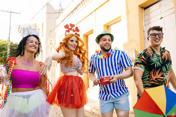 Fototapeta na wymiar Brazilian Carnival. Group of friends celebrating carnival party
