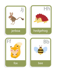 card with  animals  fox, bee, jerboa, hedgehog, vector set