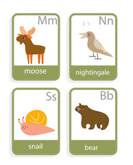 card with   forest  animals moose, nightingale, squirrel, bear,   vector set