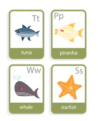 card with sea animals whale, seastar, piranha, tuna, vector set