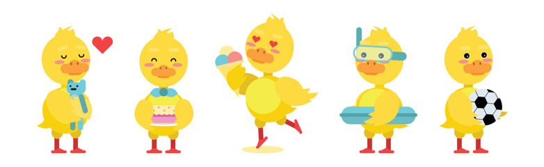 Cute Little Duckling with Yellow Feathers Engaged in Different Activity Vector Set