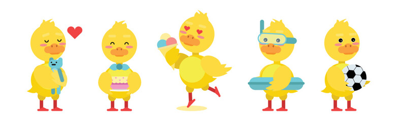 Cute Little Duckling with Yellow Feathers Engaged in Different Activity Vector Set