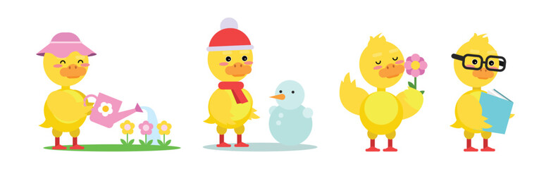 Cute Little Duckling with Yellow Feathers Engaged in Different Activity Vector Set