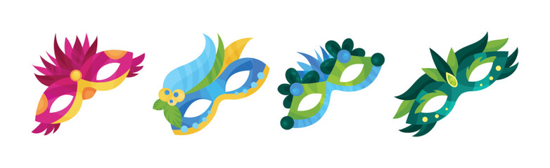 Obraz premium Venetian Carnival Masquerade Colorful Eye Masks with Feathers Vector Set