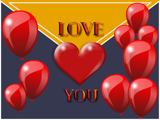 letter with declaration of love , love you. red heart, realistic luxury balloons, gray background, yellow accent.valentine. vector