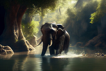 Wilder Elefant läuft durch einen Fluss im Dschungel Thailands - Ai generiert