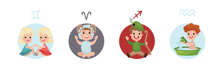 Cute Kids and Horoscope Astrological Sign Vector Set