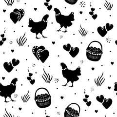 Easter seamless pattern with Easter eggs, hearts, hen and rabbit. Festive decorative abstract print. Packaging template, graphic design, wrapping paper, textiles and wallpapers.