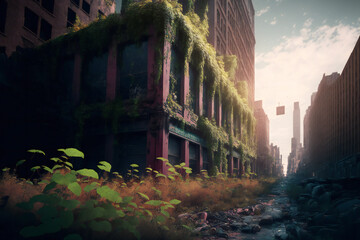 Abandoned New York City in the future. Empty roads and a dystopian atmosphere in a post-apocalyptic NYC.