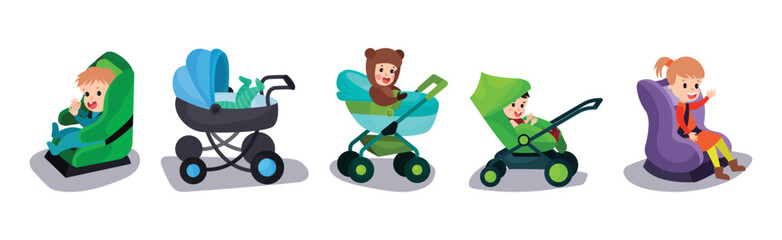 Cute Baby Boy and Girl in Carriage or Stroller Vector Set