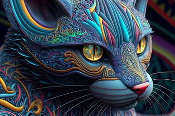 A close up of a colorful and highly detailed cute psychedelic cat ai generated