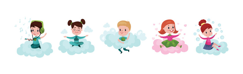 Smiling Kids Sitting on Soft Cloud and Doing Different Things Vector Illustration Set