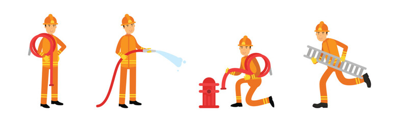 Man Firefighter Character in Uniform with Hose and Ladder Vector Set