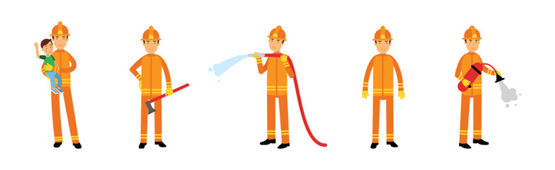 Fototapeta premium Man Firefighter Character in Uniform with Hose and Axe Vector Set