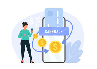 Obraz na płótnie Canvas Mobile cashback service concept. Cash back app services. Girl with smartphone receiving cashback. Flat vector illustration.