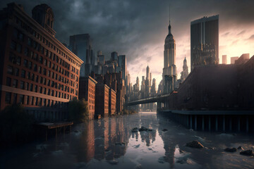 Fototapeta premium Abandoned New York City in the future. Empty roads and a dystopian atmosphere in a post-apocalyptic NYC.