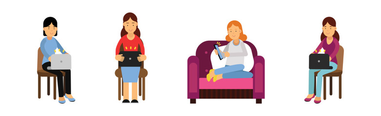 Young Woman with Laptop and Tablet Communicating Via Internet Vector Set