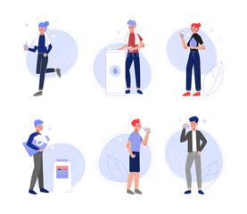 Set of people drinking clear water at water cooler flat vector illustration