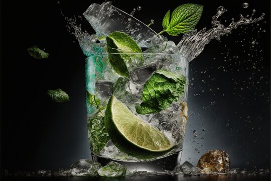  a glass of ice water with limes and mints on the side of it and a mint wedge in the middle of the glass with ice and water splashing around the glass and a bit.