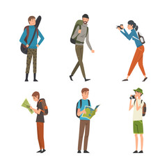 People traveling on vacation set. Male and female characters with backpacks hiking cartoon vector illustration