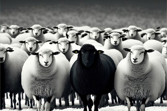  a herd of sheep standing next to each other on a field of snow covered ground with a black sheep in the middle of the photo, with a black sheep in the middle of the picture.