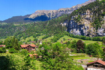 Fototapeta na wymiar View of Lauterbrunnen village in Lauterbrunnen Valley in Bernese Oberland, Switzerland. Switzerland nature and travel. Alpine scenery