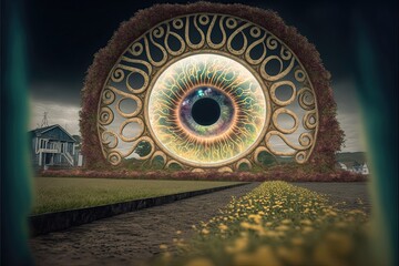 an alien portal with an eye in the landscape. surreal abstract landscape background. Generative ai illustration.
