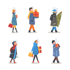 Set of people in warm winter clothes carrying gift boxes and fir tree. Christmas and New year cartoon vector illustration