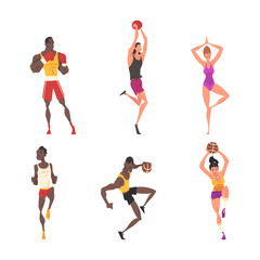 Professional athletes doing sports set. Male and female characters boxing, playing basketball, volleyball and doing yoga cartoon vector illustration