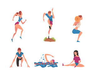 Professional athletes doing sports set. Male and female characters lifting barbell, running, swimming, , cartoon vector illustration